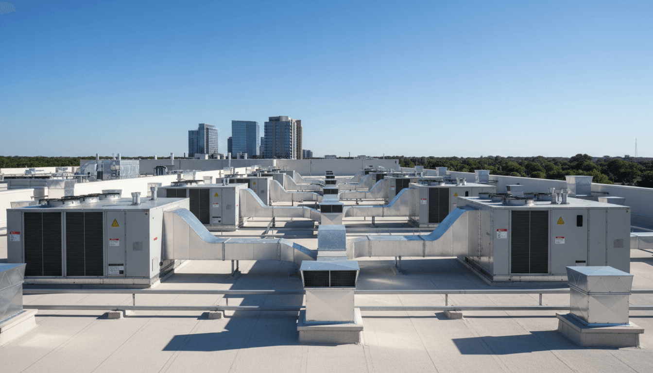 Commercial HVAC system on building rooftop
