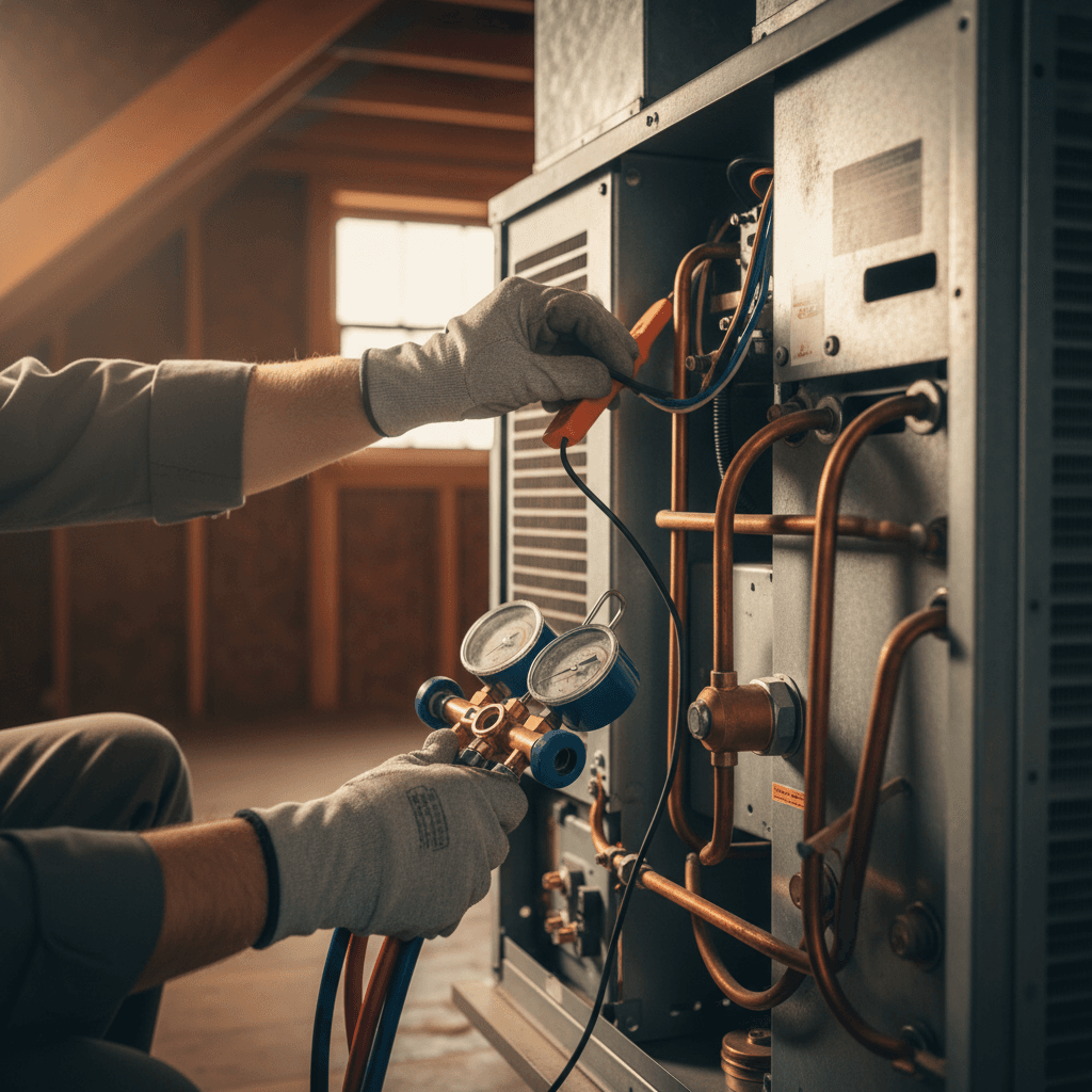 HVAC technician performing maintenance on an air conditioning system