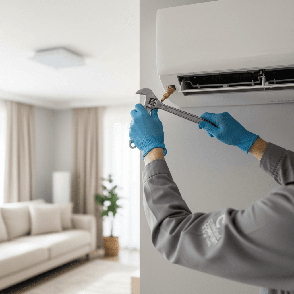 HVAC technician performing AC maintenance